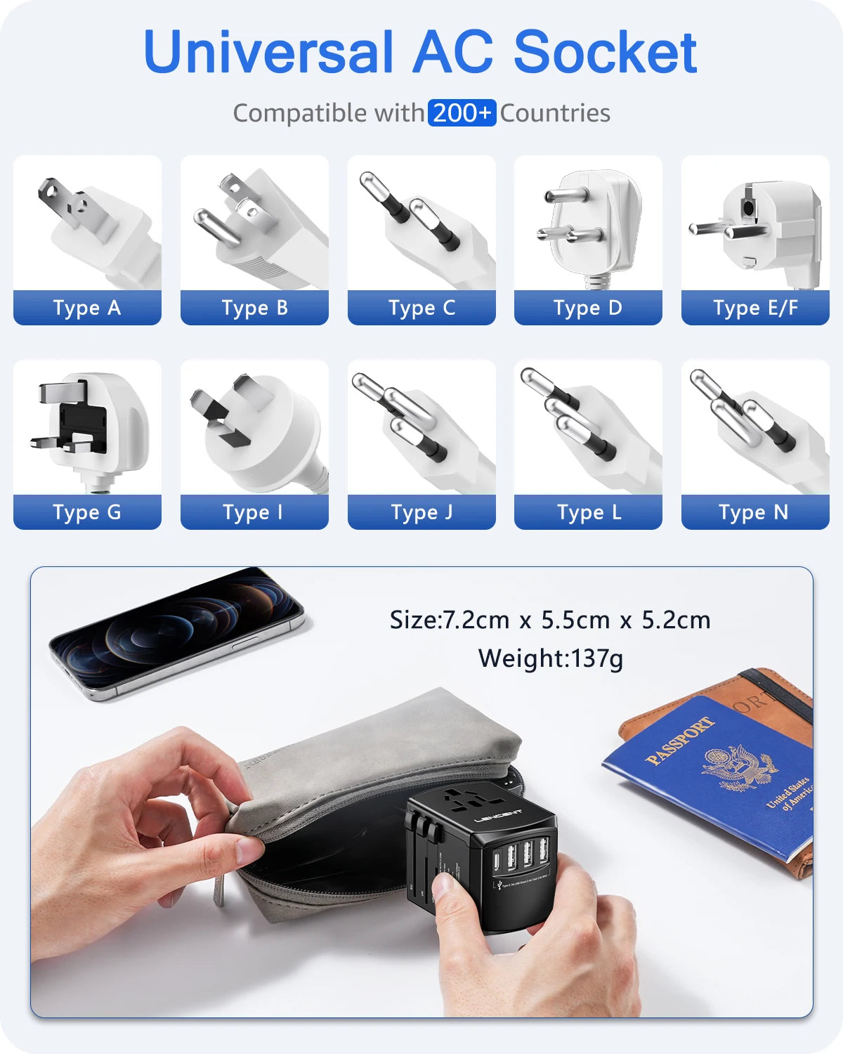 Universal Travel Adapter with USB & Type-C Charging