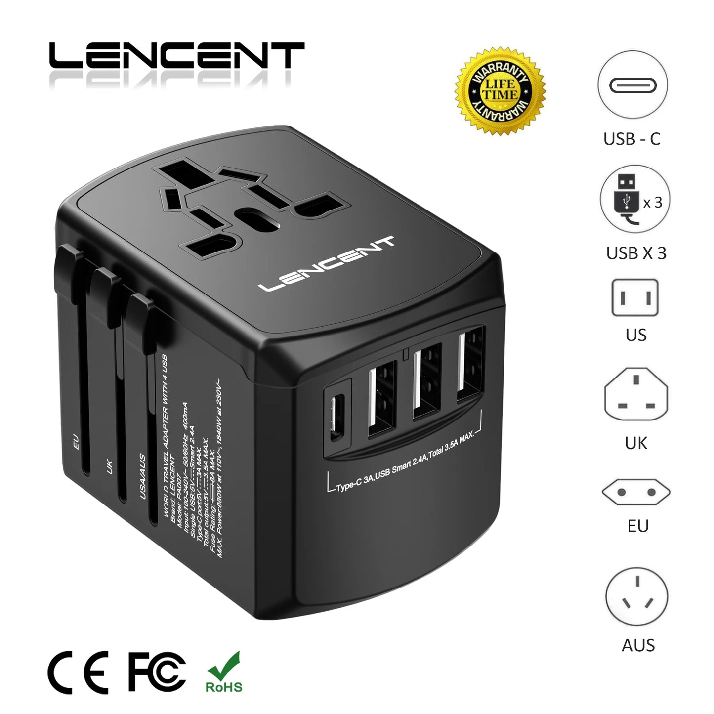 Universal Travel Adapter with USB & Type-C Charging